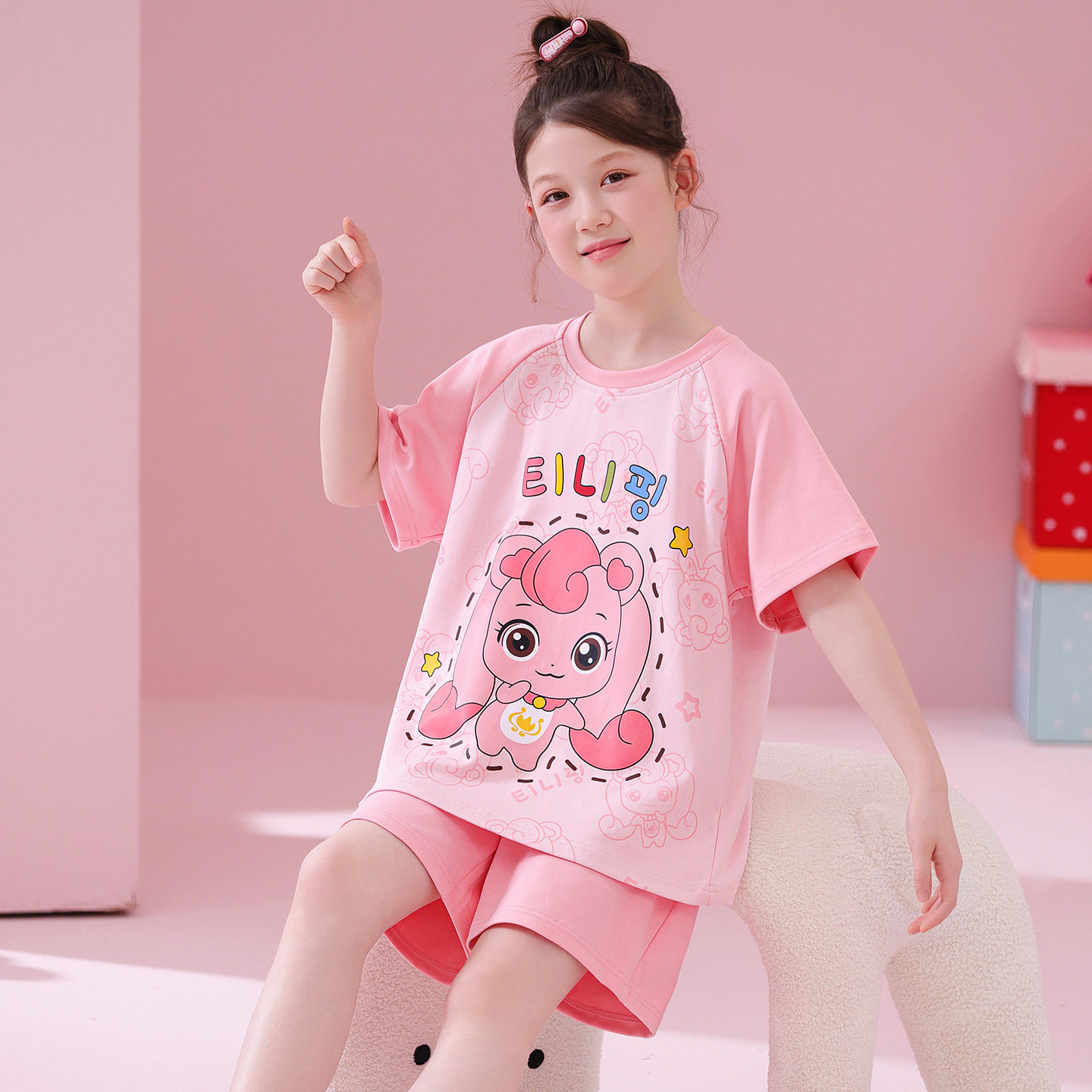 爱心萌女童睡衣夏季薄款短袖套装图片