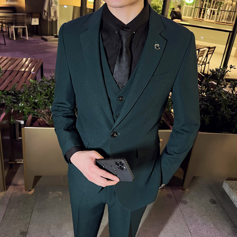 英伦韩版修身男士休闲商务西服三件套新郎套装墨绿色SJT888-P285，男装西服，电商C308