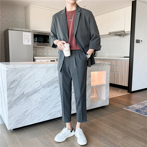 春夏款 轻熟风英伦纯色阔版中袖西服九分裤套装 灰色TZ15-P195，男装西服，电商C308