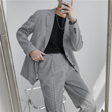 21春夏款轻熟风英伦小细格长袖西服+阔版九分裤套装TZ18-P215，男装西服，电商C308