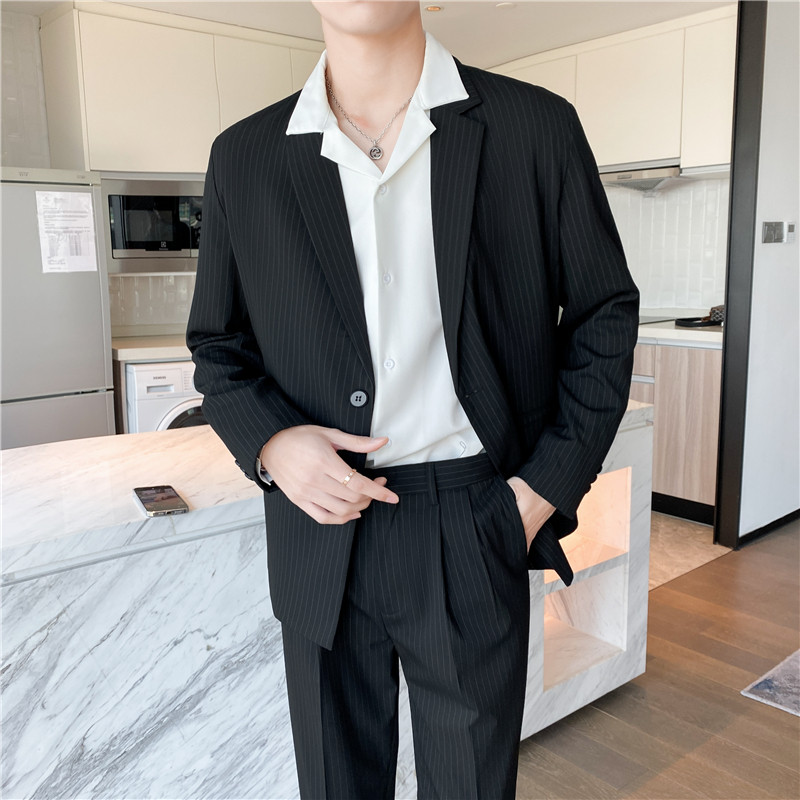 轻熟风英伦条纹微宽长袖西服九分西裤套装黑色TZ14-P215,男装西服,电商C308