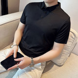 夏季冰丝高弹翻领无痕T恤男士光滑短袖POLO衫黑色PL2-P48，男装T恤，电商C308