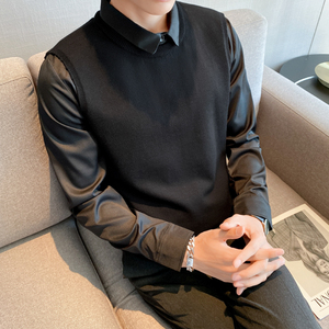 秋冬毛衣假两件衬衫领针织背心套头毛衣男潮 MY4-P75，男装背心/马甲，电商C308