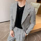高级感千鸟格休闲小西服男外套韩版修身英伦痞帅单西装X06-P155，男装西服套装，电商C308
