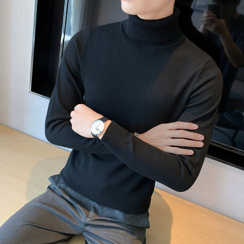 秋冬韩版高领修身打底衫翻领套头纯色针织衫毛衣潮男黑色MY2-P45，男装T恤，电商C308