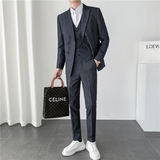 ins轻熟风韩版修身男士休闲双排扣条纹西服三件套装SJT903A-P265，男装西服，电商C308