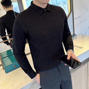 秋冬毛衣假两件衬衫领针织背心套头毛衣男潮黑色 MY8239-P95图片