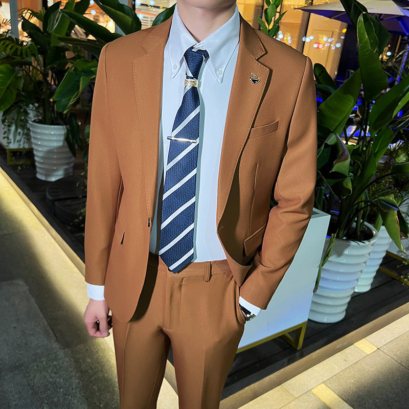 秋冬款英伦韩版修身男士商务休闲纯色西服外套咖啡色X888-P150，男装西服，电商C308