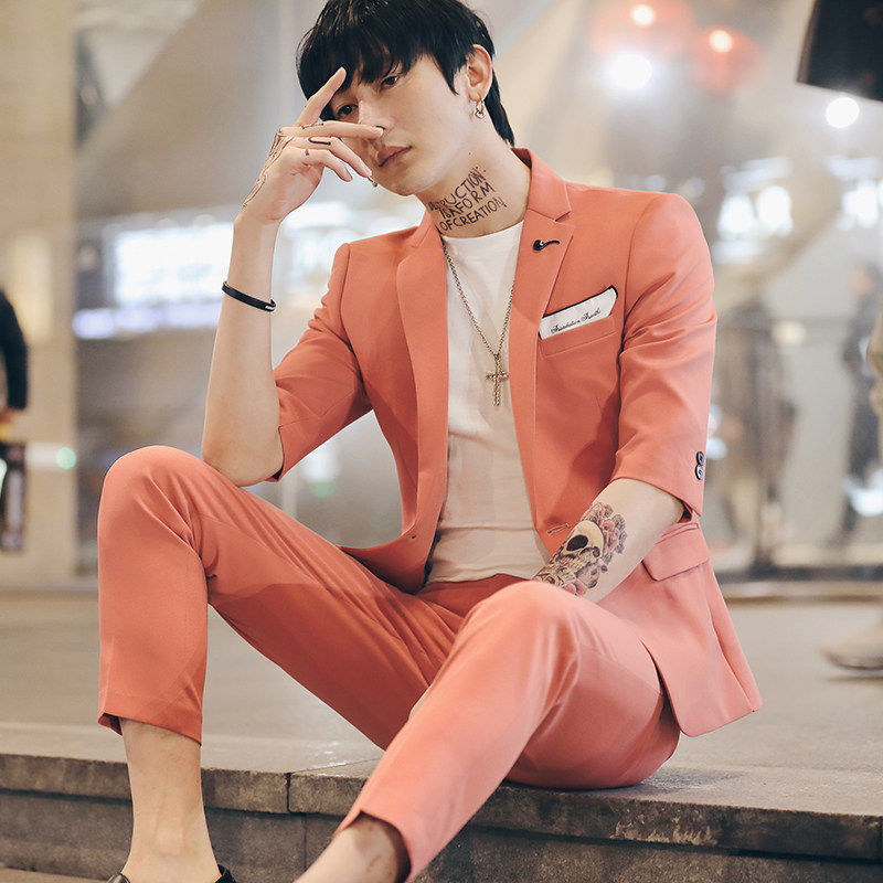 春夏新款韩版时尚男士西服套装七分袖九分裤西装外套TZ117-P195，男装西服套装，电商C308