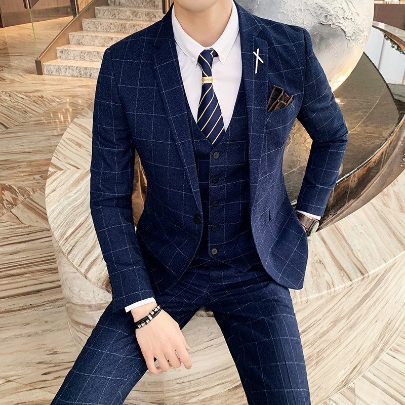 秋冬款英伦时尚格子修身男士西服+马甲+西裤三件套装SJT905-P280,男装西服,电商C308