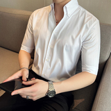 雅痞个性青年条纹V领衬衫中袖帅气修身休闲立领痞帅衬衣男C03-P68，男装衬衫，电商C308