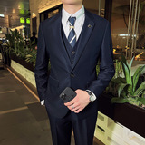 英伦韩版修身男士休闲商务西服三件套新郎套装藏青色SJT888-P285，男装西服，电商C308