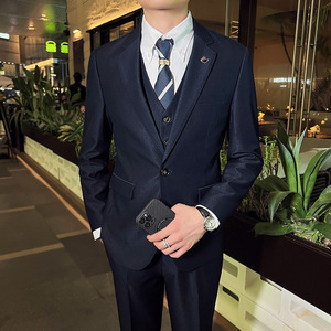 英伦韩版修身男士休闲商务西服三件套新郎套装藏青色SJT888-P285，男装西服，电商C308