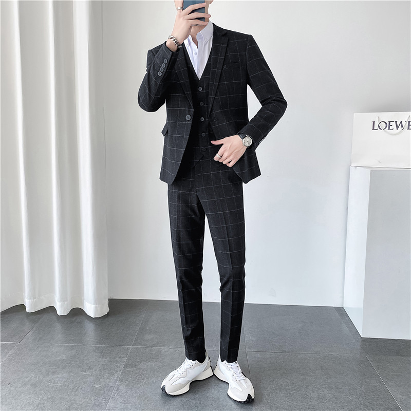 ins轻熟风秋冬韩版修身男士休闲格子西服三件套装SJT905-P280,男装西服,电商C308