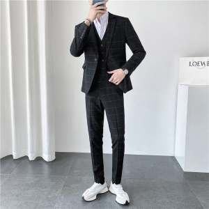 ins轻熟风秋冬韩版修身男士休闲格子西服三件套装SJT905-P280图片