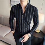 秋冬英伦宽条纹男士衬衣韩版修身长袖衬衫男C88268-P65，男装衬衫，电商C308