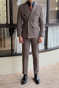 英伦修身男士双排扣格子西服三件套新郎伴郎礼服套装SJT920-P300图片