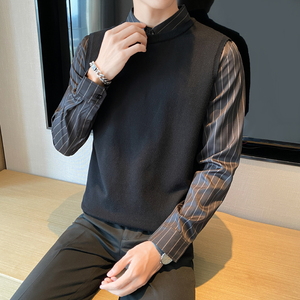 秋冬毛衣假两件衬衫领针织背心套头毛衣男潮咖啡色 MY4-P75图片