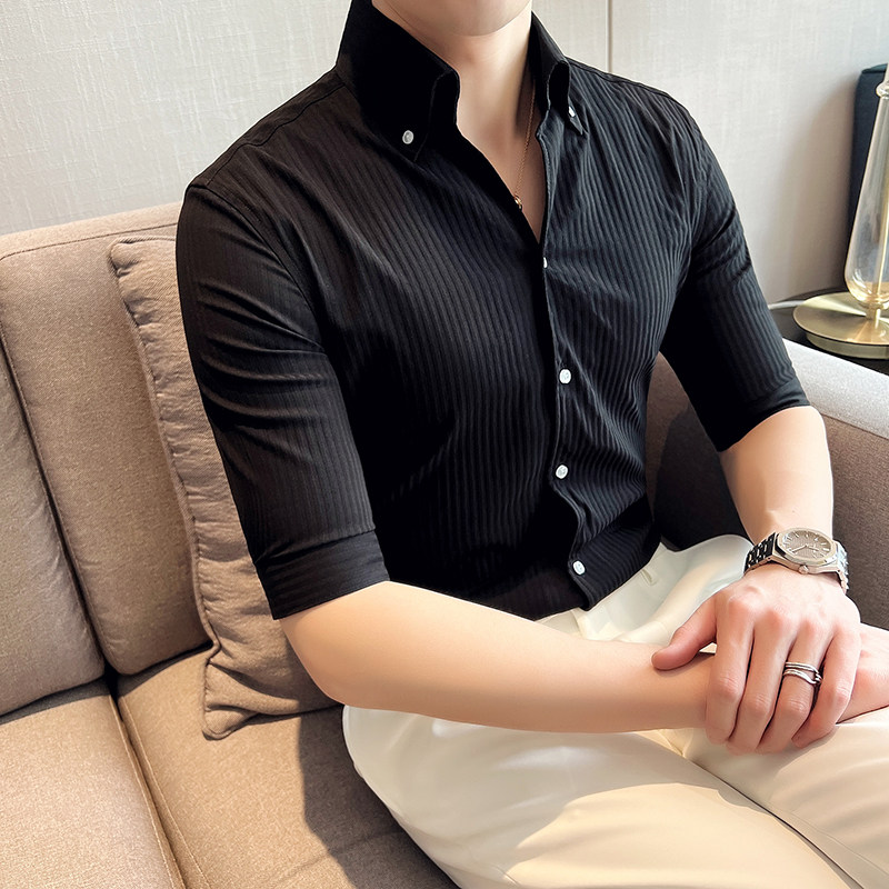 雅痞青年个性V领网红衬衫中袖男帅气修身休闲立领痞帅衬衣C06-P68，男装衬衫，电商C308