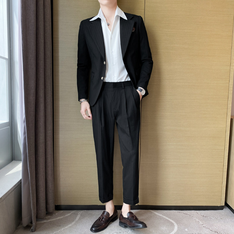 痞帅高级感休闲条纹二粒扣西服+英伦青年九分西裤套装LJT07-P230，男装西服，电商C308
