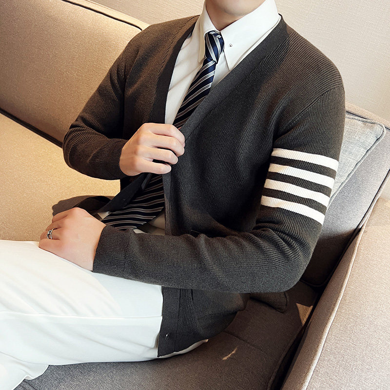 秋冬韩版修身落肩开衫毛衣潮流百搭休闲外套针织衫深灰C6704-P80，男装针织衫/毛衣，电商C308