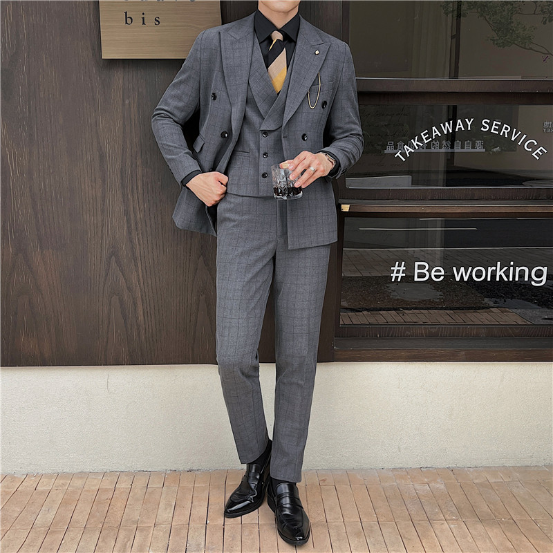 英伦修身男士双排扣格子西服三件套新郎伴郎礼服套装SJT920-P300,男装西服,电商C308