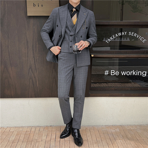 英伦修身男士双排扣格子西服三件套新郎伴郎礼服套装SJT920-P300图片