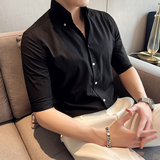 雅痞青年个性条纹V领衬衫中袖帅气修身休闲立领痞帅衬衣男C03-P68，男装衬衫，电商C308