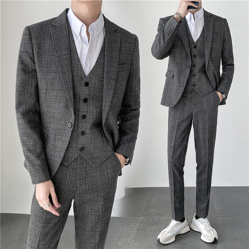 ins轻熟风秋冬韩版修身男士休闲格子西服套装三件套SJT956-特P260，男装西服套装，电商C308