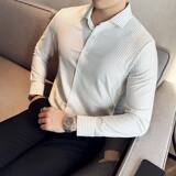 高级感弹力无痕压胶坠感丝滑条纹长袖修身衬衫男咖啡色C2103-P90，男装衬衫，电商C308