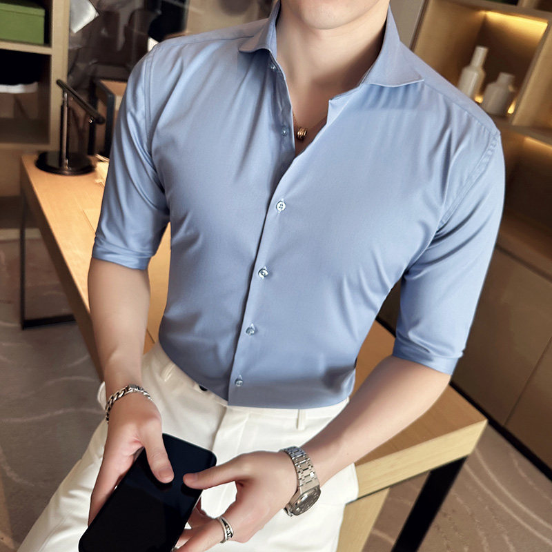 一字领衬衫男中袖薄款潮流帅气修身休闲纯色西服衬衣C2309-P65，男装西服，电商C308