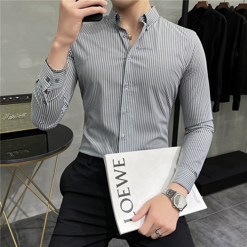 秋冬韩版修身长袖衬衫男英伦条纹刺绣男士衬衣C8876-P65，男装衬衫，电商C308