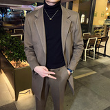 秋冬英伦韩版修身男士休闲中长款呢料西服套装卡其色LJT34-P235，男装西服套装，电商C308