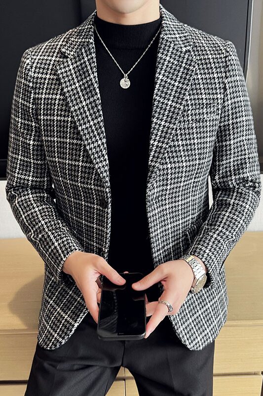 英伦韩版修身男士休闲毛呢格子西服加厚外套X930-P155,男装西服,电商C308