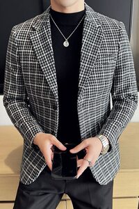 英伦韩版修身男士休闲毛呢格子西服加厚外套X930-P155图片