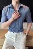 青年雅痞个性一字V领衬衫男中袖帅气修身休闲立领痞帅衬衣C01-P60，男装衬衫，电商C308