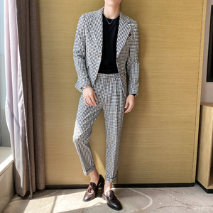 春痞雅高级感休闲二粒扣千鸟格西服+英伦青年九分西裤LJT06-P225，男装西服，电商C308