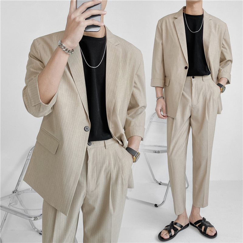 轻熟风微宽英伦条纹中袖西服+阔版九分裤套装TZ13-P195,男装西服,电商C308
