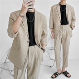 轻熟风微宽英伦条纹中袖西服+阔版九分裤套装TZ13-P195，男装西服，电商C308