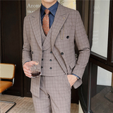 英伦修身男士双排扣格子西服三件套新郎伴郎礼服套装SJT920-P300，男装西服，电商C308