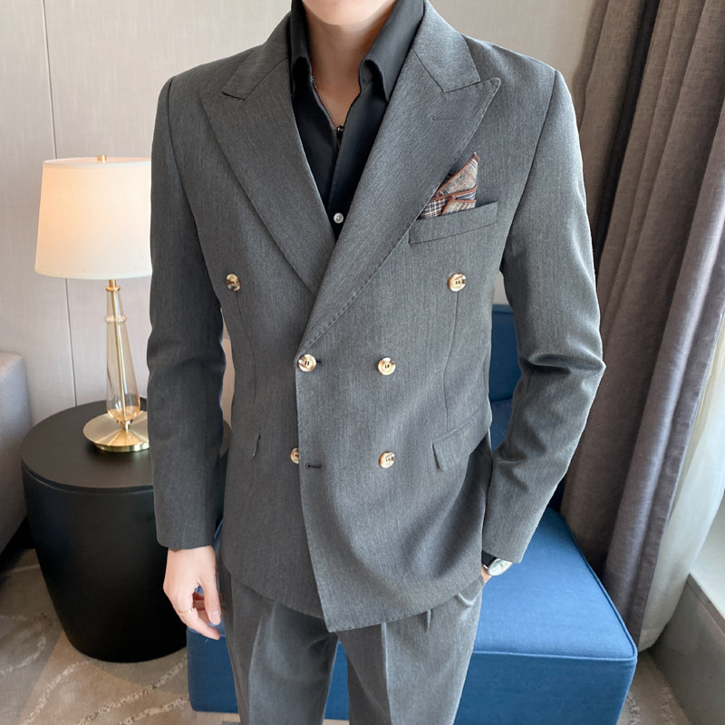痞帅高级感纯色休闲双排扣西服+英伦时尚九分西裤套装TZ02-P225，男装西服，电商C308