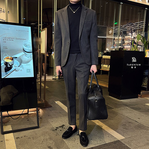 秋冬英伦韩版修身男士商务休闲一粒扣呢料西服套装灰色LJT33-P220，男装西服套装，电商C308