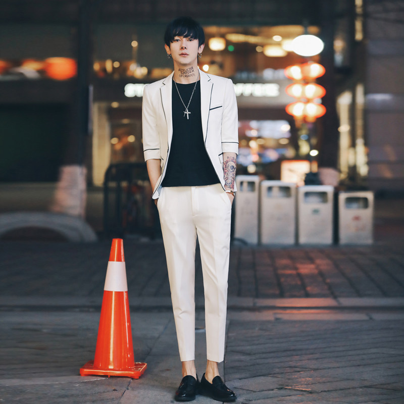 春夏款潮男修身中袖男士西服+九分裤套装TZ118-P195,男装西服,电商C308