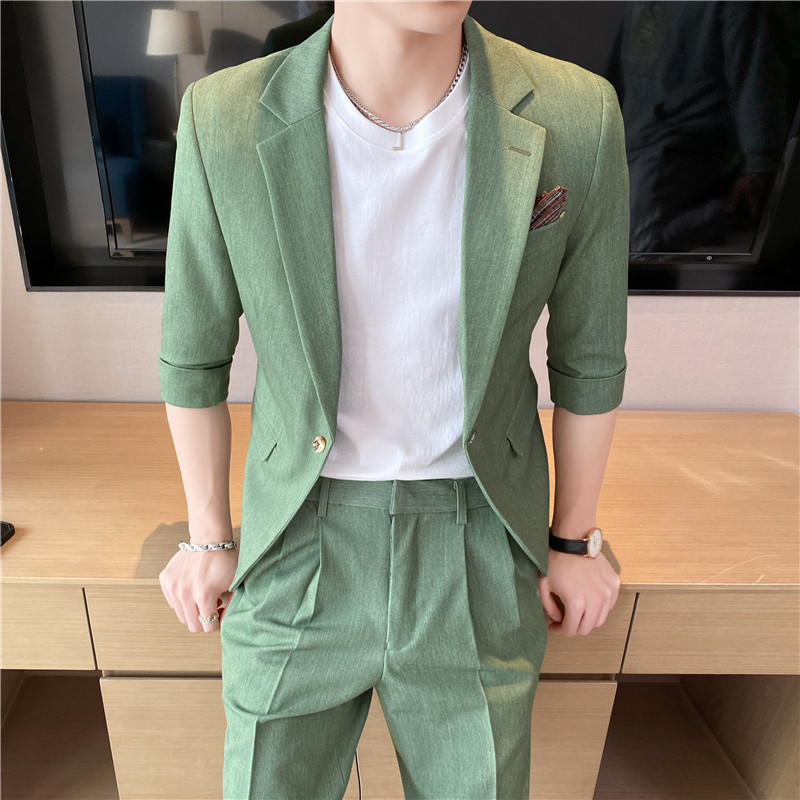 痞帅高级感纯色中袖休闲男士西服+英伦时尚青年短裤套装TZ04-P210，男装牛仔裤，电商C308