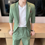 痞帅高级感纯色中袖休闲男士西服+英伦时尚青年短裤套装TZ04-P210，男装牛仔裤，电商C308