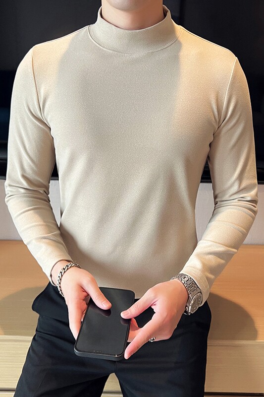男士双面德绒长袖半高领打底衫韩版修身套头内搭深蓝色C68002-P40,男装T恤,电商C308