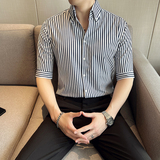 雅痞青年网红个性V领衬衫男中袖帅气修身休闲立领痞帅衬衣C09-P68，男装衬衫，电商C308