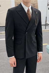 英伦修身男士双排扣格子西服新郎伴郎礼服外套X920-P155图片