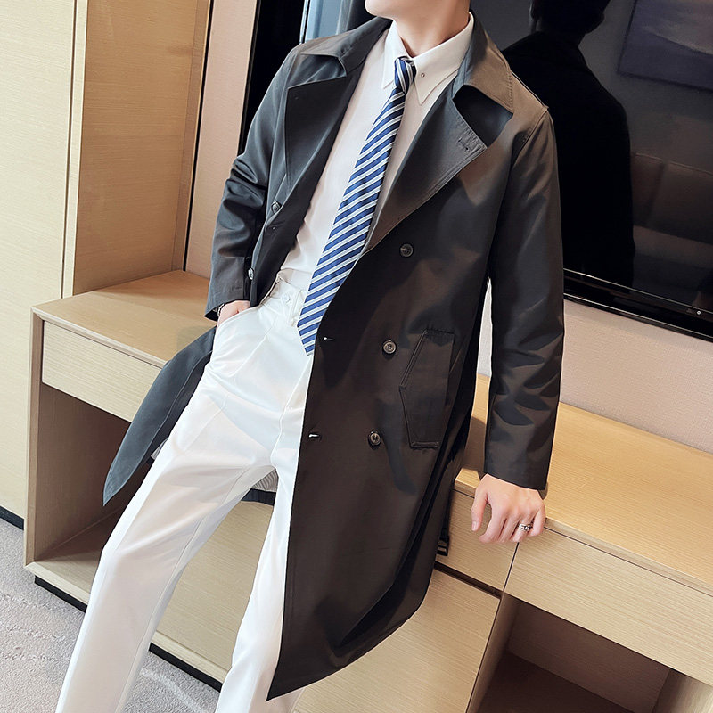 秋冬款英伦休闲双排扣翻领男士中长款风衣纯色外套灰色DA48-P180，男装风衣，电商C308