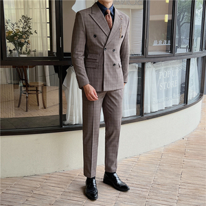 英伦修身男士双排扣格子西服三件套新郎伴郎礼服套装SJT920-P300图片